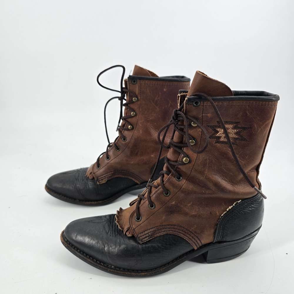 Justin Lace Up Roper Boots Womens 7.5 M Boots Brown Black Leather Kiltie USA - Picture 2 of 9